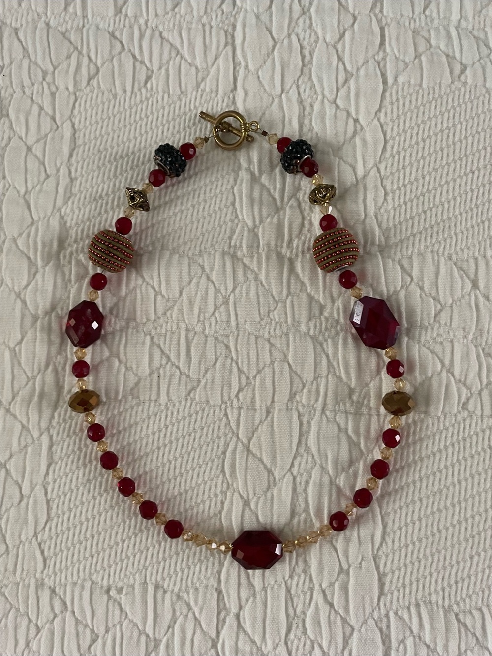 Elegant Red Beaded Necklace with Gold Accents